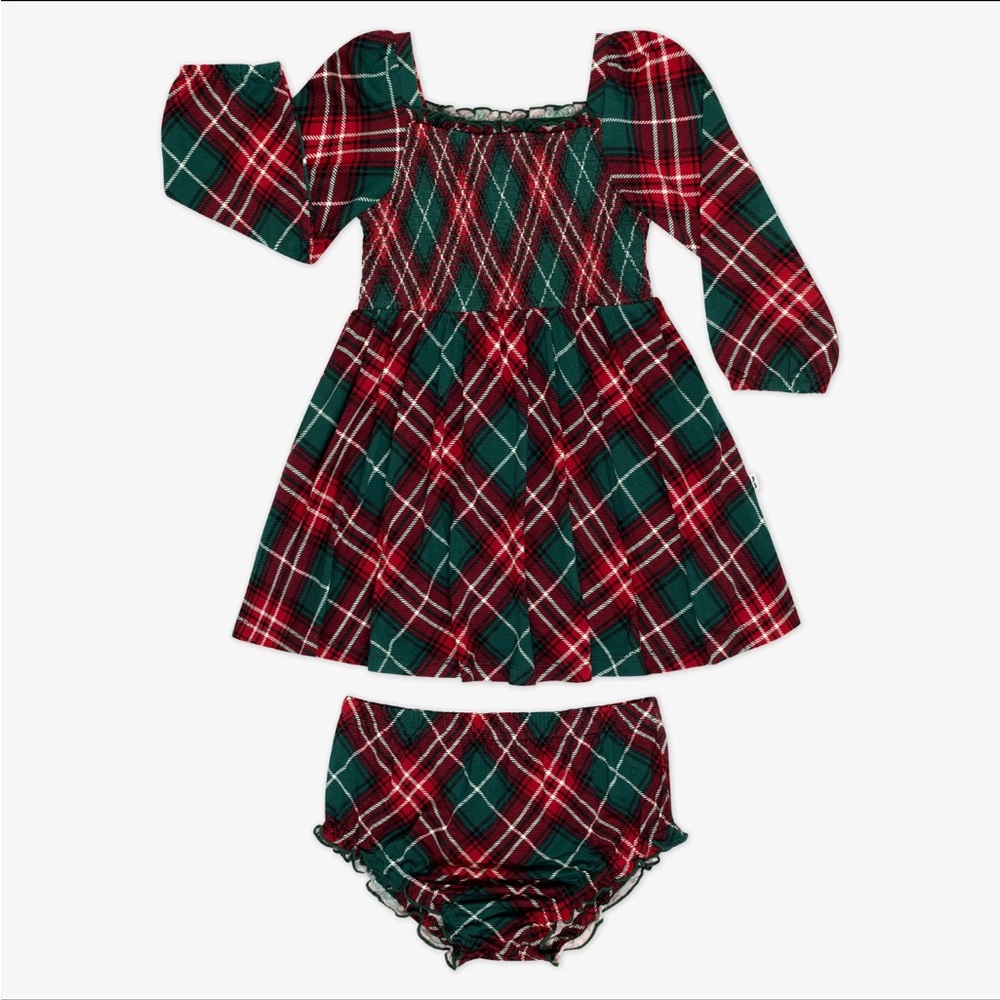 Girls Red & Green Plaid Smocked Dress with Bloomers - Kids Matching Set